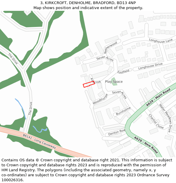 3, KIRKCROFT, DENHOLME, BRADFORD, BD13 4NP: Location map and indicative extent of plot