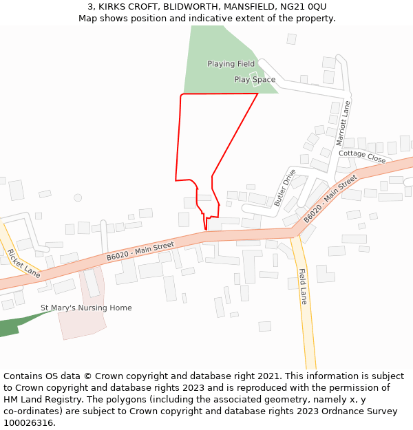 3, KIRKS CROFT, BLIDWORTH, MANSFIELD, NG21 0QU: Location map and indicative extent of plot