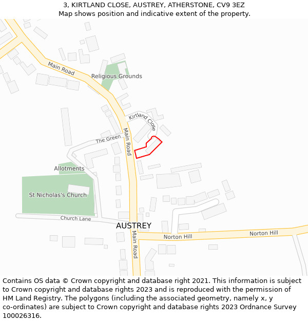 3, KIRTLAND CLOSE, AUSTREY, ATHERSTONE, CV9 3EZ: Location map and indicative extent of plot