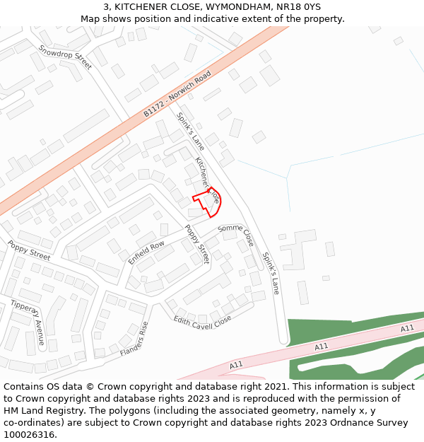 3, KITCHENER CLOSE, WYMONDHAM, NR18 0YS: Location map and indicative extent of plot