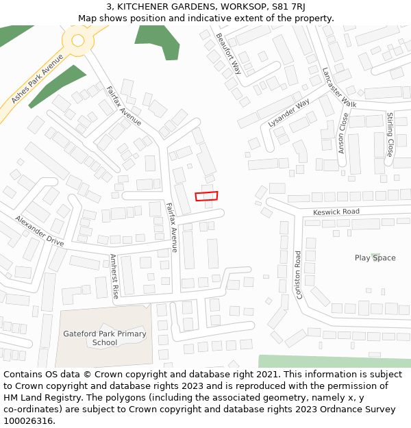 3, KITCHENER GARDENS, WORKSOP, S81 7RJ: Location map and indicative extent of plot