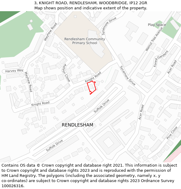 3, KNIGHT ROAD, RENDLESHAM, WOODBRIDGE, IP12 2GR: Location map and indicative extent of plot
