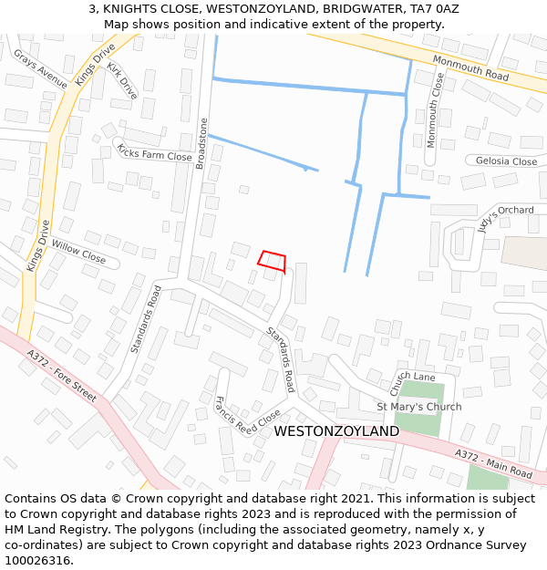 3, KNIGHTS CLOSE, WESTONZOYLAND, BRIDGWATER, TA7 0AZ: Location map and indicative extent of plot