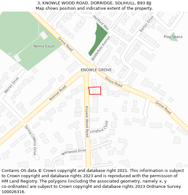 3, KNOWLE WOOD ROAD, DORRIDGE, SOLIHULL, B93 8JJ: Location map and indicative extent of plot