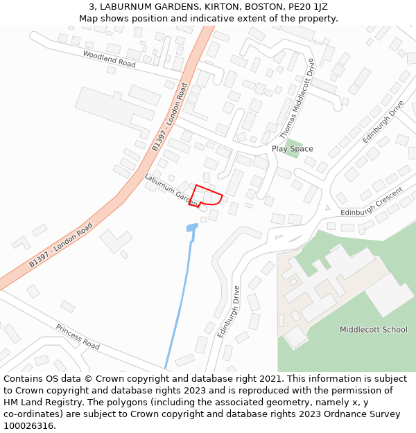 3, LABURNUM GARDENS, KIRTON, BOSTON, PE20 1JZ: Location map and indicative extent of plot