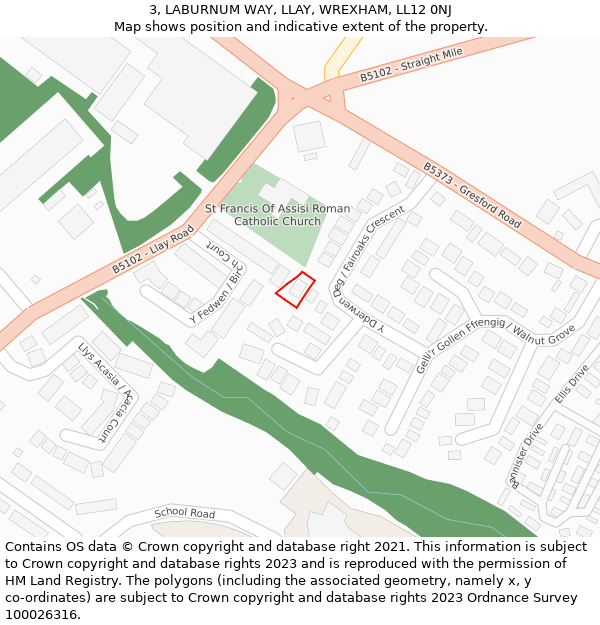 3, LABURNUM WAY, LLAY, WREXHAM, LL12 0NJ: Location map and indicative extent of plot