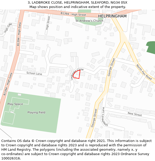 3, LADBROKE CLOSE, HELPRINGHAM, SLEAFORD, NG34 0SX: Location map and indicative extent of plot