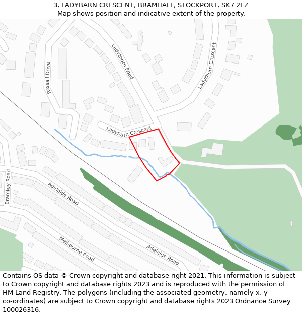 3, LADYBARN CRESCENT, BRAMHALL, STOCKPORT, SK7 2EZ: Location map and indicative extent of plot