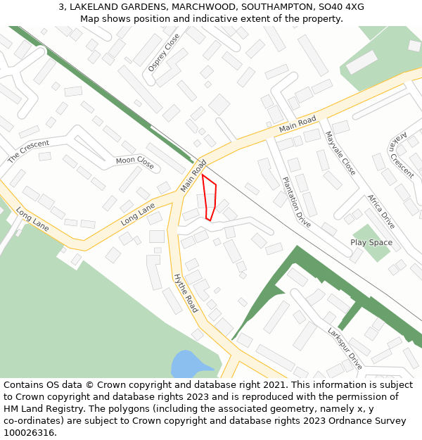 3, LAKELAND GARDENS, MARCHWOOD, SOUTHAMPTON, SO40 4XG: Location map and indicative extent of plot