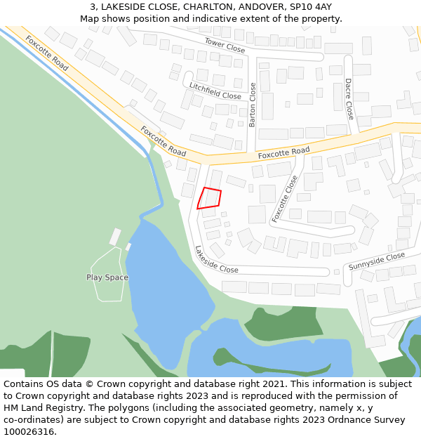 3, LAKESIDE CLOSE, CHARLTON, ANDOVER, SP10 4AY: Location map and indicative extent of plot