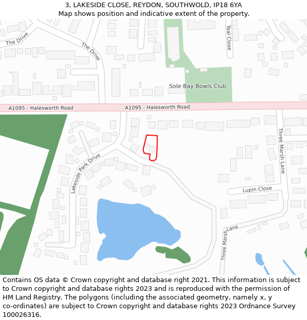 3, LAKESIDE CLOSE, REYDON, SOUTHWOLD, IP18 6YA: Location map and indicative extent of plot