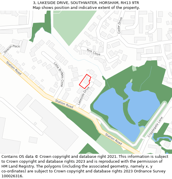 3, LAKESIDE DRIVE, SOUTHWATER, HORSHAM, RH13 9TR: Location map and indicative extent of plot