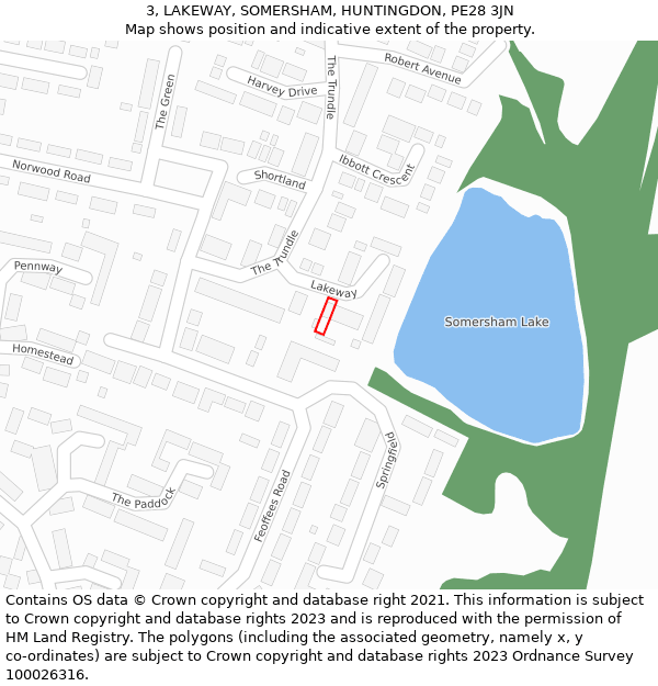 3, LAKEWAY, SOMERSHAM, HUNTINGDON, PE28 3JN: Location map and indicative extent of plot