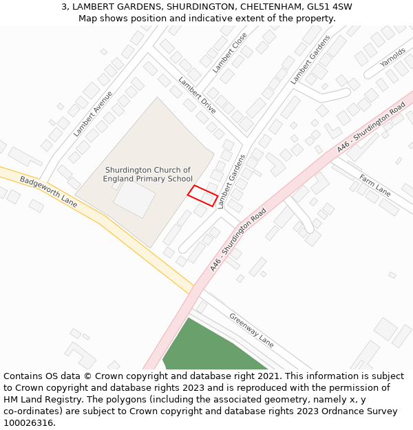 3, LAMBERT GARDENS, SHURDINGTON, CHELTENHAM, GL51 4SW: Location map and indicative extent of plot