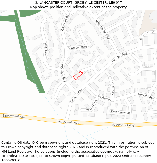 3, LANCASTER COURT, GROBY, LEICESTER, LE6 0YT: Location map and indicative extent of plot