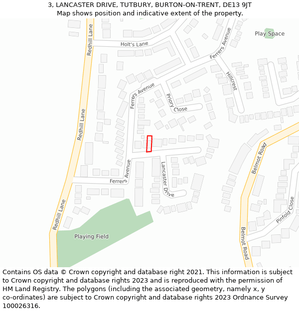 3, LANCASTER DRIVE, TUTBURY, BURTON-ON-TRENT, DE13 9JT: Location map and indicative extent of plot