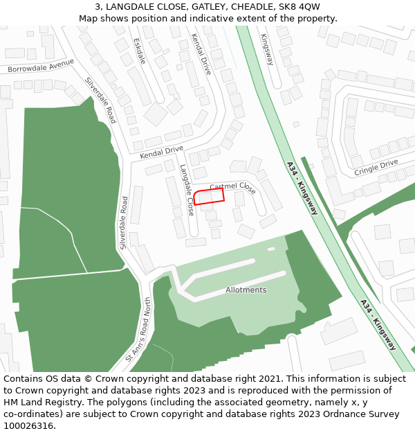 3, LANGDALE CLOSE, GATLEY, CHEADLE, SK8 4QW: Location map and indicative extent of plot