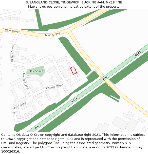 3, LANGLAND CLOSE, TINGEWICK, BUCKINGHAM, MK18 4NE: Location map and indicative extent of plot