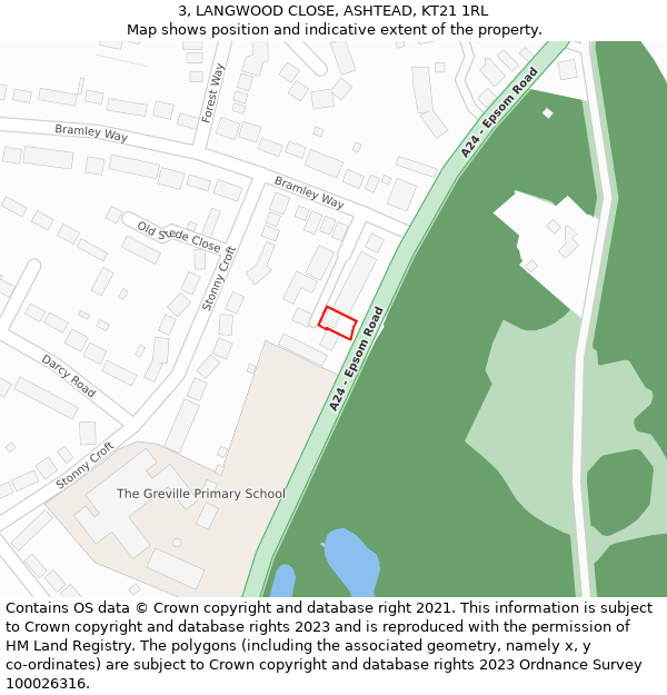 3, LANGWOOD CLOSE, ASHTEAD, KT21 1RL: Location map and indicative extent of plot