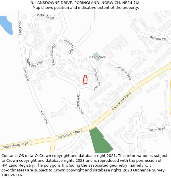 3, LANSDOWNE DRIVE, PORINGLAND, NORWICH, NR14 7XL: Location map and indicative extent of plot
