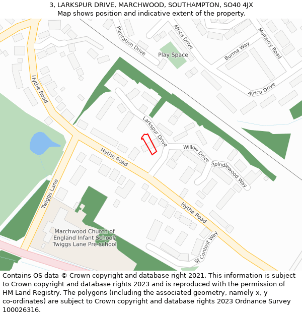 3, LARKSPUR DRIVE, MARCHWOOD, SOUTHAMPTON, SO40 4JX: Location map and indicative extent of plot