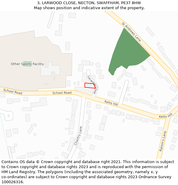 3, LARWOOD CLOSE, NECTON, SWAFFHAM, PE37 8HW: Location map and indicative extent of plot
