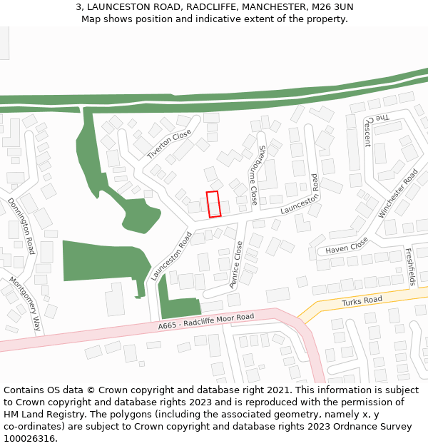 3, LAUNCESTON ROAD, RADCLIFFE, MANCHESTER, M26 3UN: Location map and indicative extent of plot