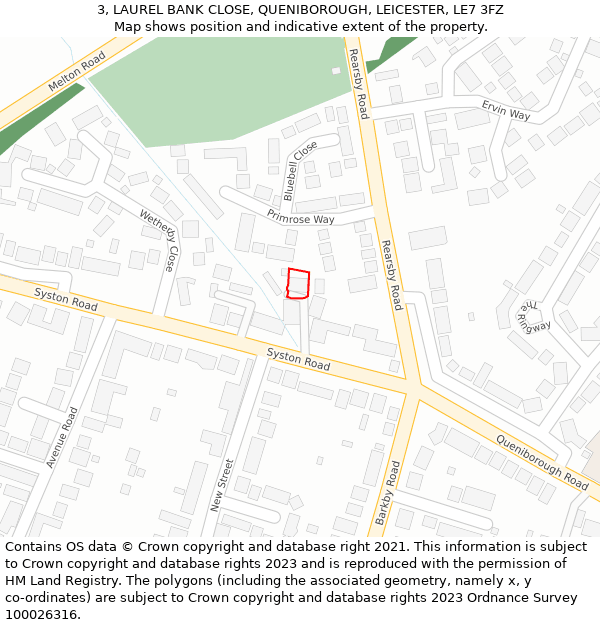 3, LAUREL BANK CLOSE, QUENIBOROUGH, LEICESTER, LE7 3FZ: Location map and indicative extent of plot