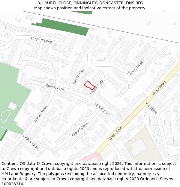 3, LAUREL CLOSE, FINNINGLEY, DONCASTER, DN9 3FG: Location map and indicative extent of plot