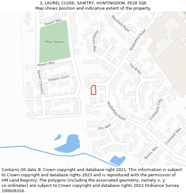 3, LAUREL CLOSE, SAWTRY, HUNTINGDON, PE28 5QE: Location map and indicative extent of plot