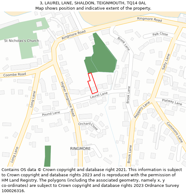 3, LAUREL LANE, SHALDON, TEIGNMOUTH, TQ14 0AL: Location map and indicative extent of plot