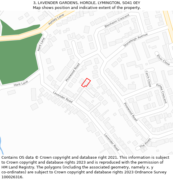 3, LAVENDER GARDENS, HORDLE, LYMINGTON, SO41 0EY: Location map and indicative extent of plot