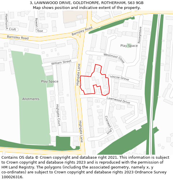 3, LAWNWOOD DRIVE, GOLDTHORPE, ROTHERHAM, S63 9GB: Location map and indicative extent of plot