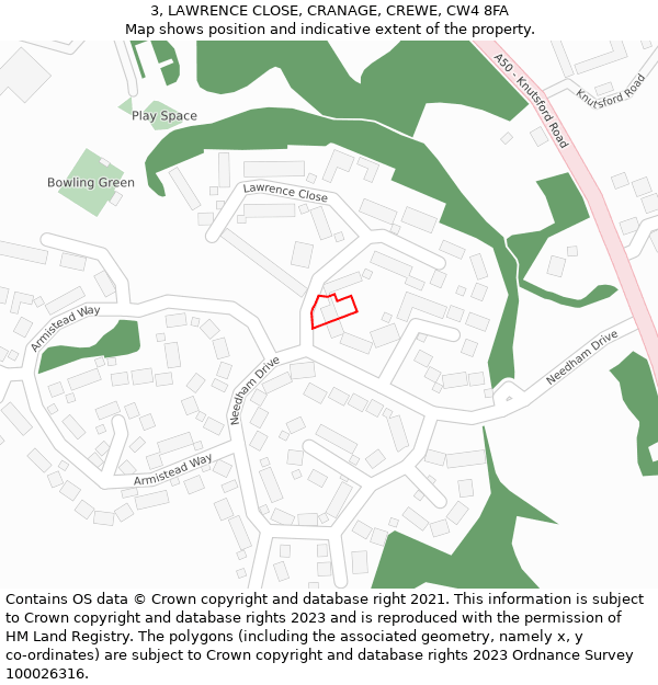 3, LAWRENCE CLOSE, CRANAGE, CREWE, CW4 8FA: Location map and indicative extent of plot