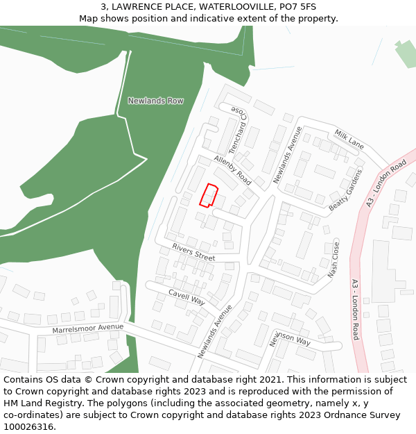 3, LAWRENCE PLACE, WATERLOOVILLE, PO7 5FS: Location map and indicative extent of plot