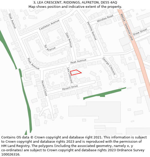 3, LEA CRESCENT, RIDDINGS, ALFRETON, DE55 4AQ: Location map and indicative extent of plot