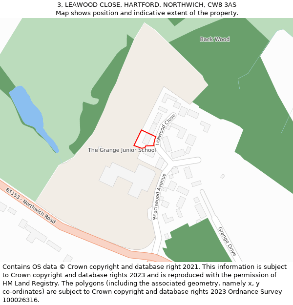 3, LEAWOOD CLOSE, HARTFORD, NORTHWICH, CW8 3AS: Location map and indicative extent of plot