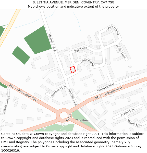 3, LETITIA AVENUE, MERIDEN, COVENTRY, CV7 7SG: Location map and indicative extent of plot