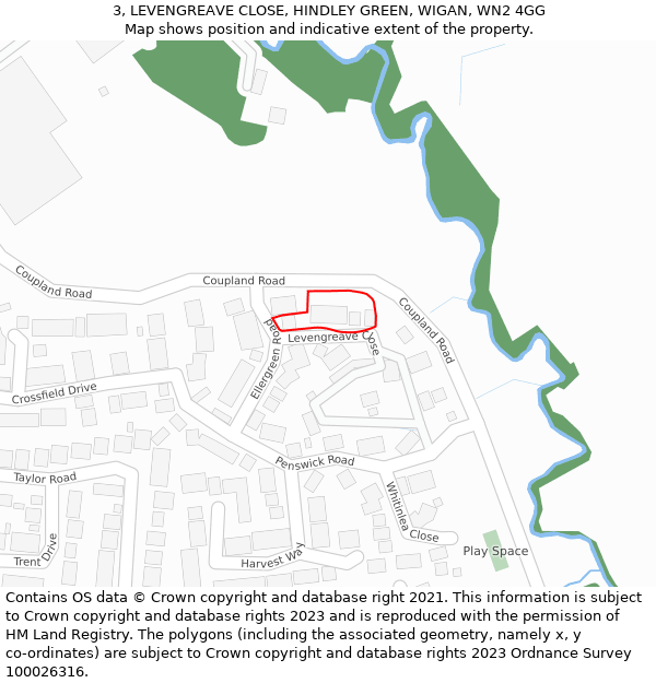 3, LEVENGREAVE CLOSE, HINDLEY GREEN, WIGAN, WN2 4GG: Location map and indicative extent of plot