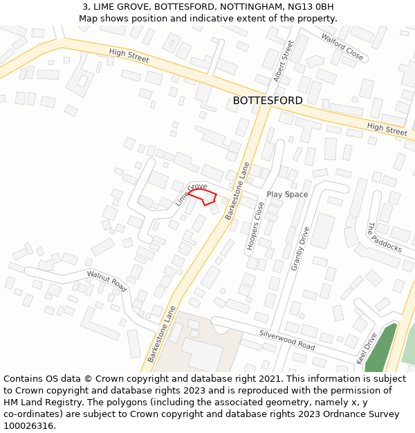 3, LIME GROVE, BOTTESFORD, NOTTINGHAM, NG13 0BH: Location map and indicative extent of plot