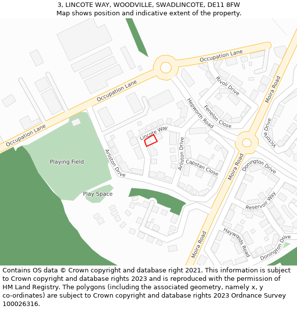 3, LINCOTE WAY, WOODVILLE, SWADLINCOTE, DE11 8FW: Location map and indicative extent of plot