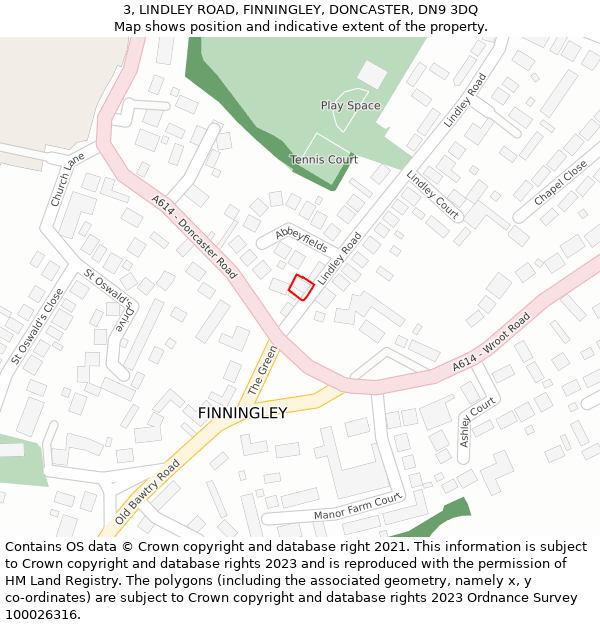 3, LINDLEY ROAD, FINNINGLEY, DONCASTER, DN9 3DQ: Location map and indicative extent of plot