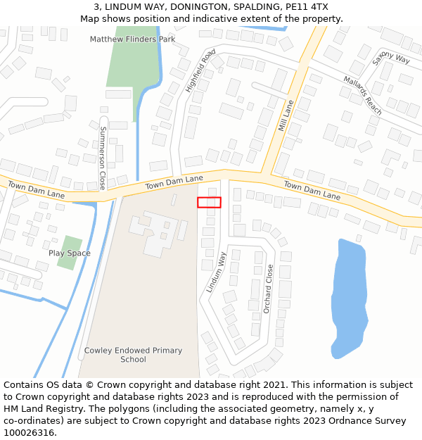 3, LINDUM WAY, DONINGTON, SPALDING, PE11 4TX: Location map and indicative extent of plot