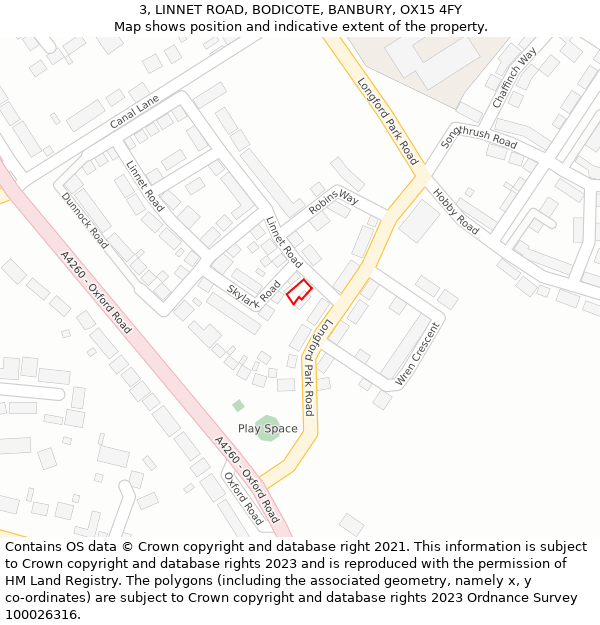 3, LINNET ROAD, BODICOTE, BANBURY, OX15 4FY: Location map and indicative extent of plot