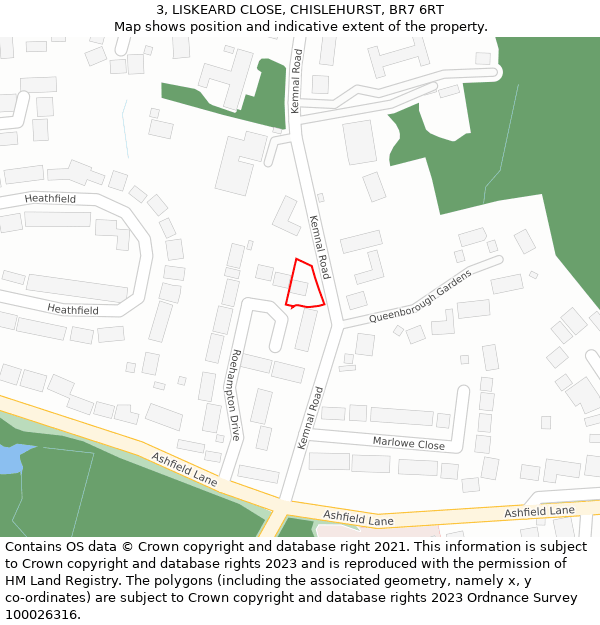 3, LISKEARD CLOSE, CHISLEHURST, BR7 6RT: Location map and indicative extent of plot