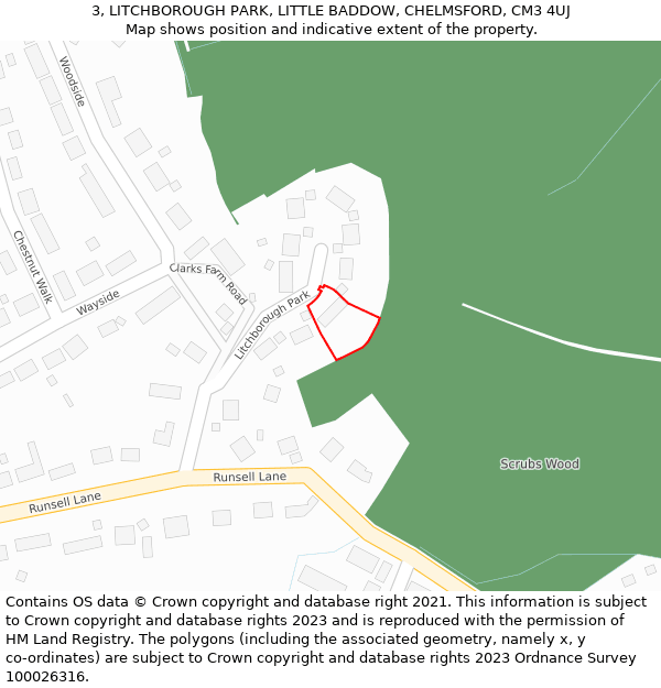 3, LITCHBOROUGH PARK, LITTLE BADDOW, CHELMSFORD, CM3 4UJ: Location map and indicative extent of plot