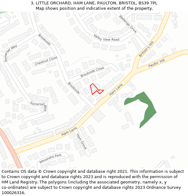 3, LITTLE ORCHARD, HAM LANE, PAULTON, BRISTOL, BS39 7PL: Location map and indicative extent of plot