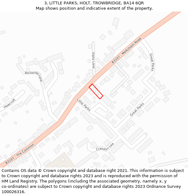 3, LITTLE PARKS, HOLT, TROWBRIDGE, BA14 6QR: Location map and indicative extent of plot