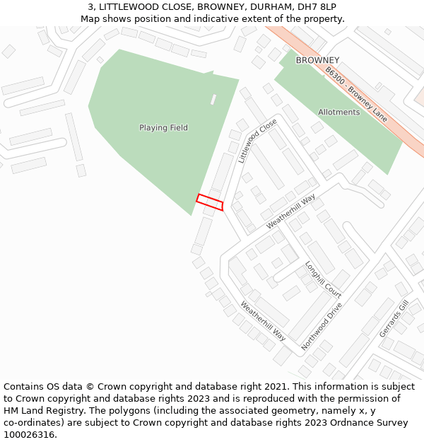 3, LITTLEWOOD CLOSE, BROWNEY, DURHAM, DH7 8LP: Location map and indicative extent of plot