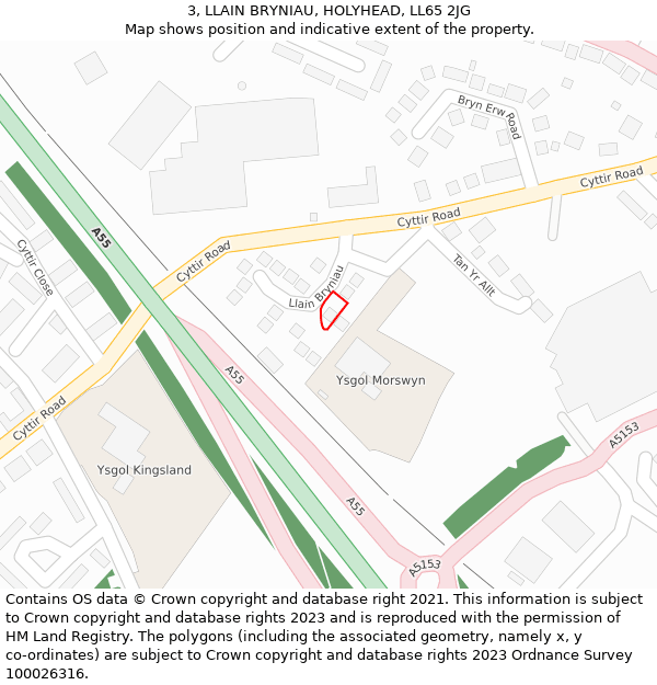 3, LLAIN BRYNIAU, HOLYHEAD, LL65 2JG: Location map and indicative extent of plot